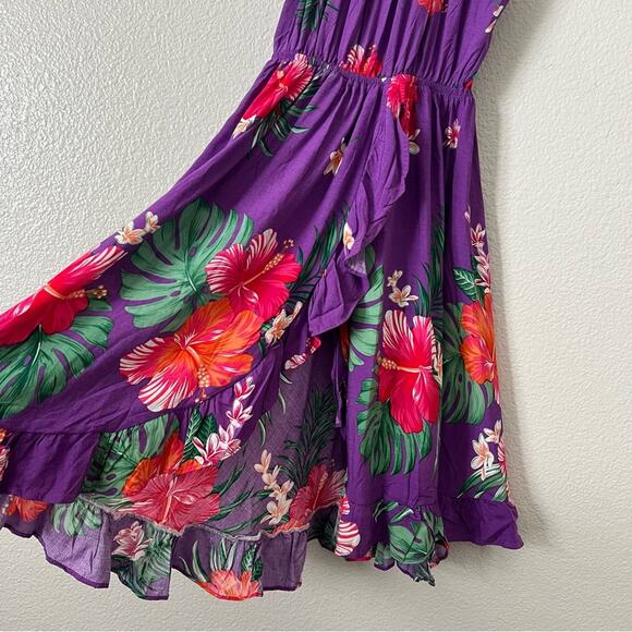Hawaii Hangover Hibiscus Floral Print Wrap Ruffle Dress Pretty Tropical Purple - Picture 5 of 8